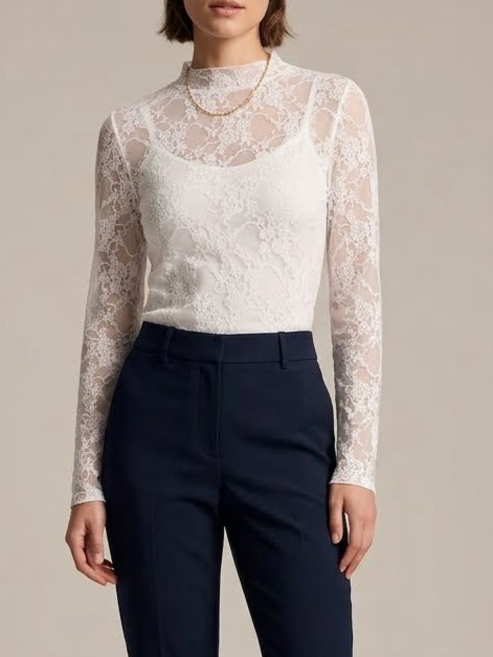 Sheer Lace Long-Sleeve Top in White